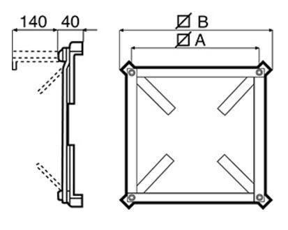 Dimensions mounting frame base plate counter frame for Vortice Torrette TR and ED roof mounted fan